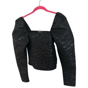 Black metallic Women's Form Fitting Top puff shoulder statement sleeve XS